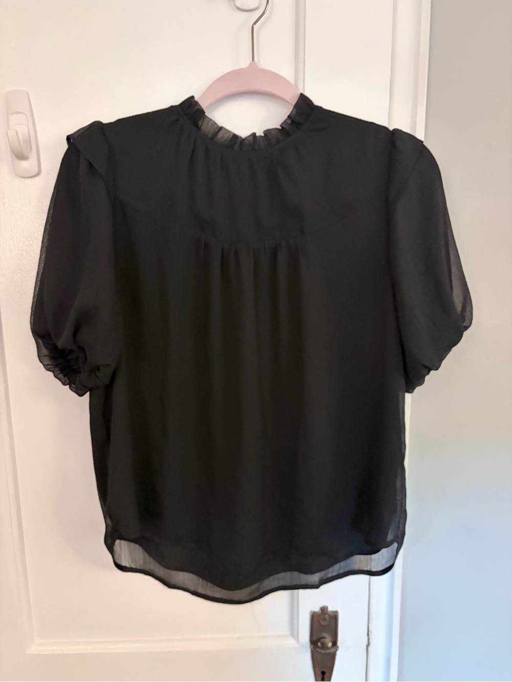 LOFT Black Puff Sleeve Ruffle High Neck Blouse